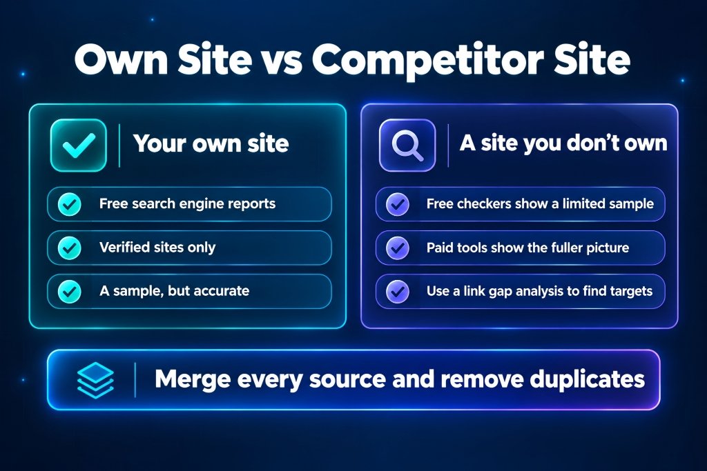 Ways to check backlinks of your own site versus a competitor's site
