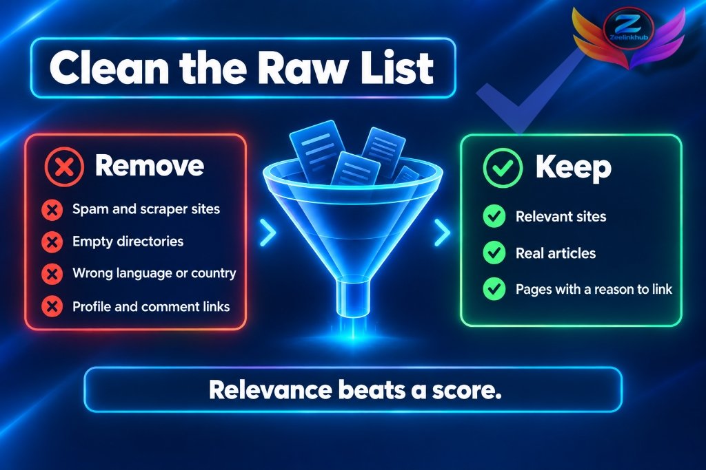 Cleaning a raw backlink gap list by removing spam and keeping relevant sites