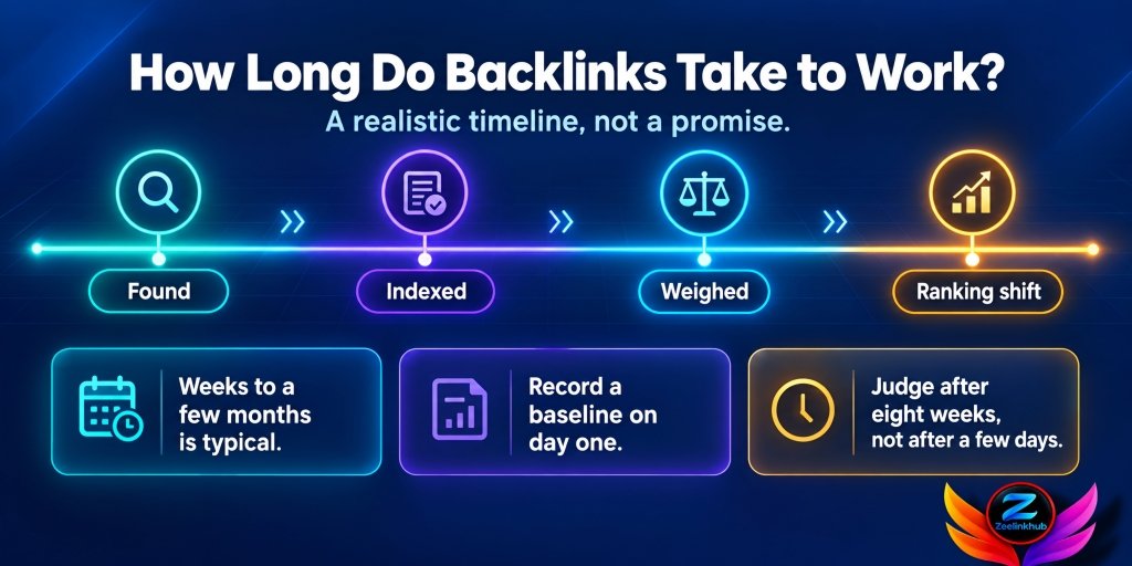 How long do backlinks take to work: realistic timeline infographic