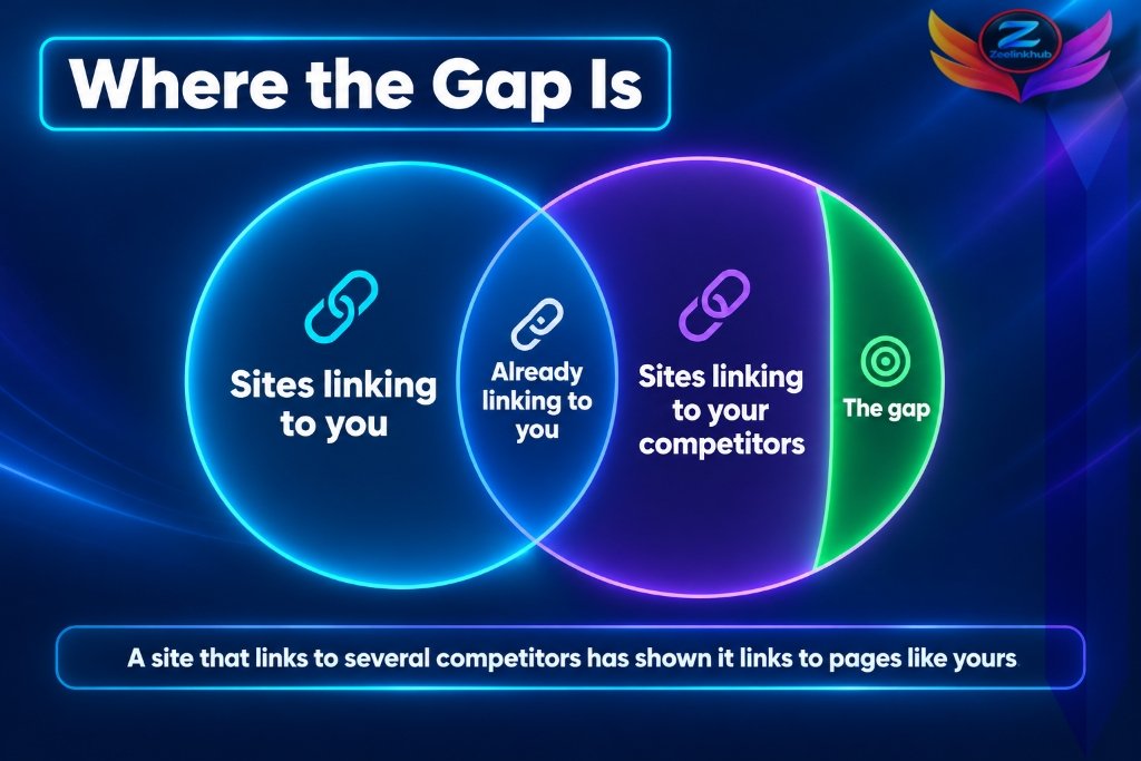 Link gap analysis diagram showing sites that link to competitors but not to you