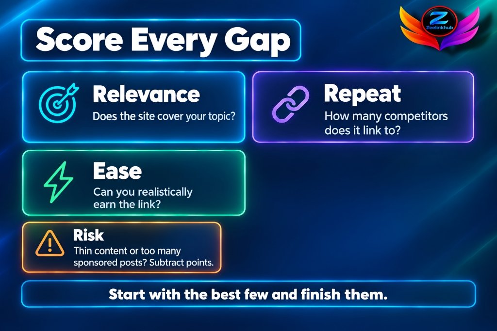 Scoring link gap opportunities by relevance, repeat, ease and risk