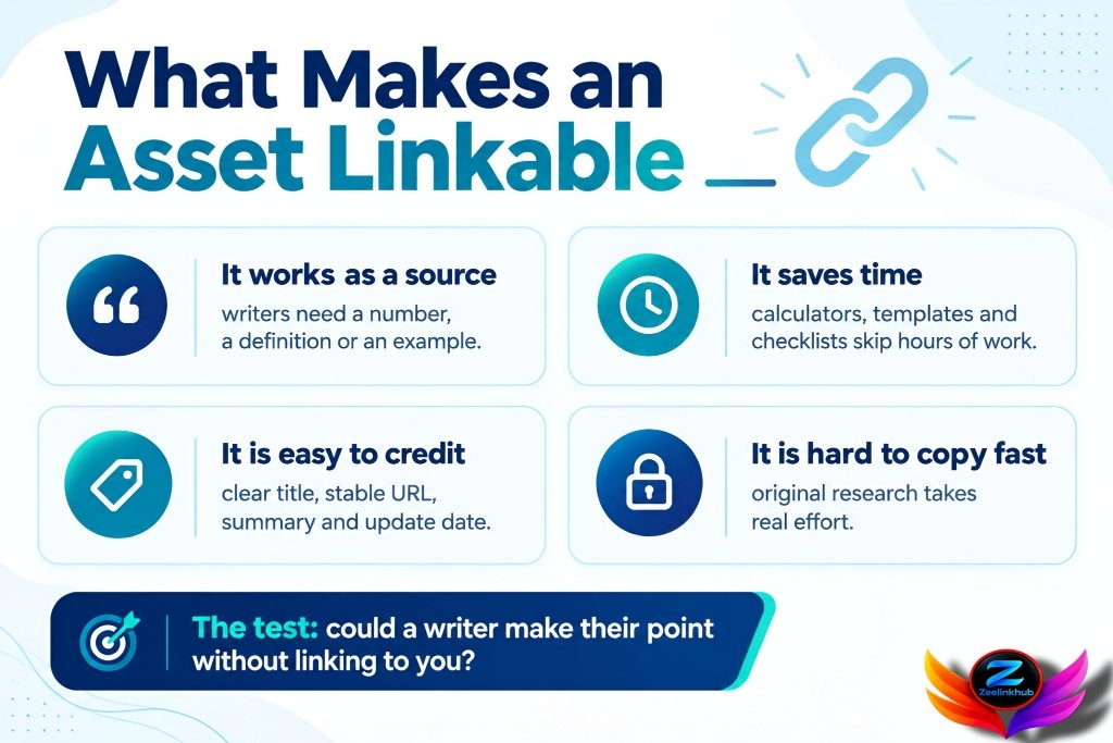 Four traits of a linkable asset: source value, time saved, easy to credit, hard to copy