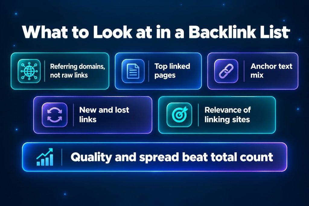 Five things to read in a backlink list: referring domains, pages, anchors, new and lost links