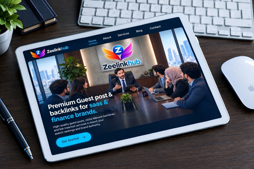 Zee LinkHub website homepage shown on a tablet on an office desk